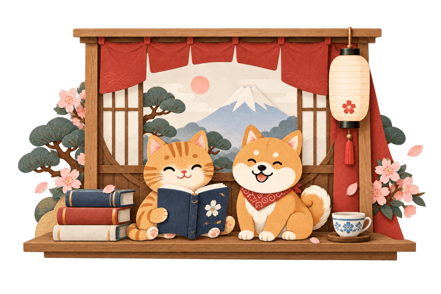 橘色虎斑猫和柴犬在日式木质纸剧场中一起看书，背景有富士山与樱花